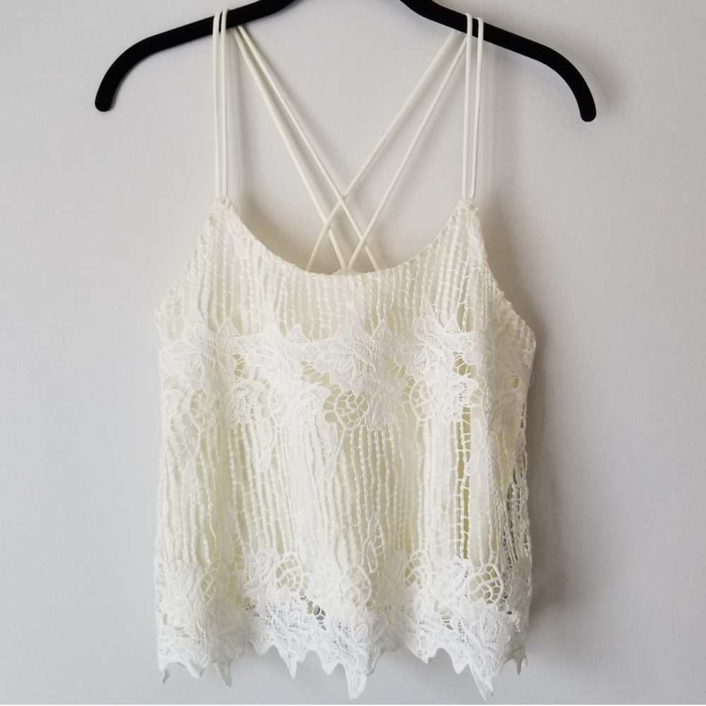 Boho festival embroidered cream lace tank top. Small / Medium.